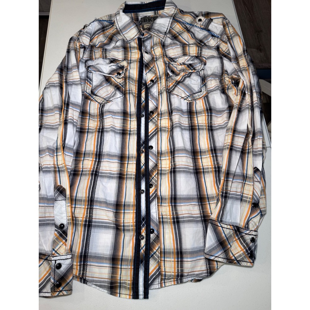 BKE Mens XL Athletic Fit Plaid Button Down Shirt Orange Blue Cotton 11210NM
